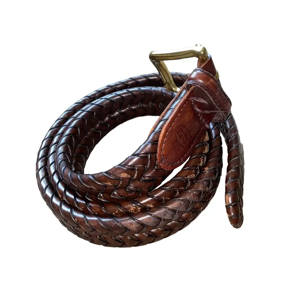 Fossil Genuine Leather Rope Belt Country Western Brown with gold hardware sz 38